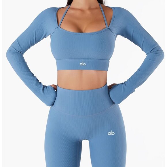 ALO Yoga blue Sports Bra and Shorts Set - Picture 2 of 4